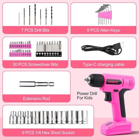 URASISTO 8V Pink Cordless Drill for Women | Power Drill Tool Set, Built-in LED, 58pcs Accessories with Household Tool Set, Gift Box in Kuwait