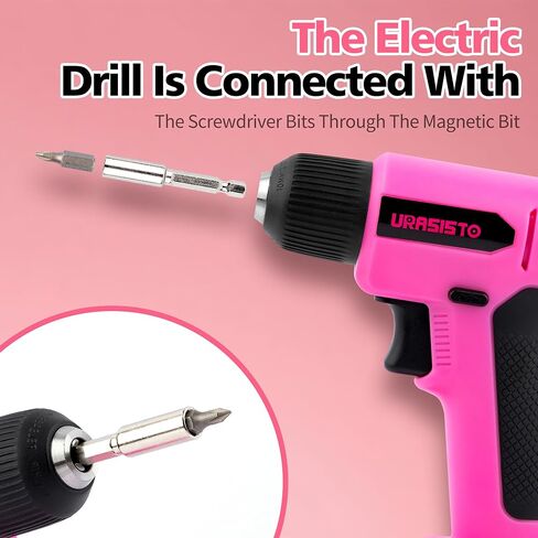 URASISTO 8V Pink Cordless Drill for Women | Power Drill Tool Set, Built-in LED, 58pcs Accessories with Household Tool Set, Gift Box in Kuwait