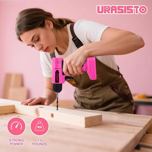 URASISTO 8V Pink Cordless Drill for Women | Power Drill Tool Set, Built-in LED, 58pcs Accessories with Household Tool Set, Gift Box in Kuwait