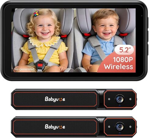Babyvue BV6PRO Wireless Dual Car Camera Baby Monitor Fast Setup | No Wiring, HD1080P, 5.2" Display, Spilt-Screen for 2 Kids, Auto IR Night Vision, Mirror Image for Newborns Gift in Kuwait