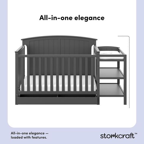Storkcraft Steveston 5-in-1 Convertible Crib & Changer, Gray | GREENGUARD Gold Certified, Fits Standard Crib Mattress, Converts to Toddler Bed and Full Bed, 4 Adjustable Mattress Heights in Kuwait