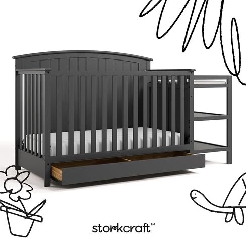 Storkcraft Steveston 5-in-1 Convertible Crib & Changer, Gray | GREENGUARD Gold Certified, Fits Standard Crib Mattress, Converts to Toddler Bed and Full Bed, 4 Adjustable Mattress Heights in Kuwait