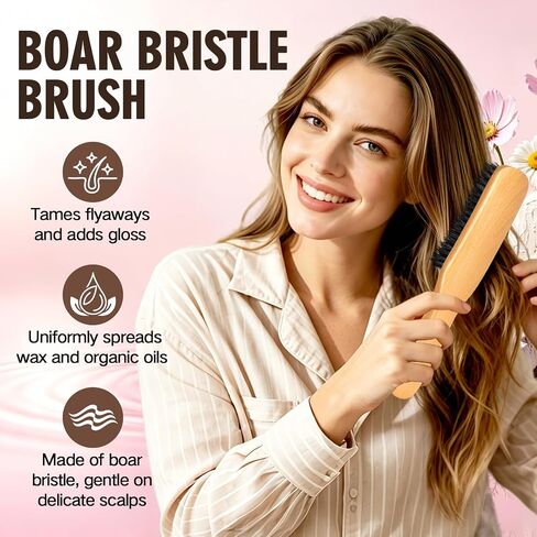 Boar Bristle Slick Back Hair Brush & Hair Wax Stick for Smooth Flyaways, Frizz, Sleek Ponytail, Buns and Edge Baby Hair | Hair Comb, Edge Brush, Teasing Brush, Rat Tail Comb Styling Accessories in Kuwait