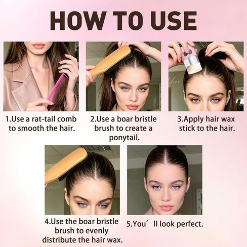 Boar Bristle Slick Back Hair Brush & Hair Wax Stick for Smooth Flyaways, Frizz, Sleek Ponytail, Buns and Edge Baby Hair | Hair Comb, Edge Brush, Teasing Brush, Rat Tail Comb Styling Accessories in Kuwait