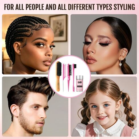 Boar Bristle Slick Back Hair Brush & Hair Wax Stick for Smooth Flyaways, Frizz, Sleek Ponytail, Buns and Edge Baby Hair | Hair Comb, Edge Brush, Teasing Brush, Rat Tail Comb Styling Accessories in Kuwait