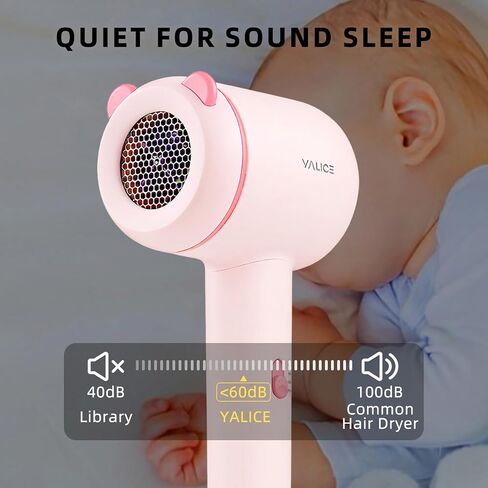 YALICE Kids Hair Dryer, Travel Small Hair Dryer for Children, Mini Ionic Quiet Kids Blow Dryer with ALCI Safety Plug, 3 Speed Settings, Anti-Scald, Kids Birthday Gift for Baby Hair Accessories, Pink in Kuwait