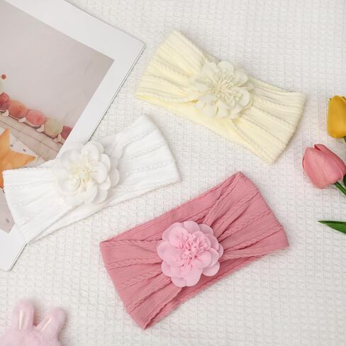 3 Pcs Baby Girls Headband,Flower Nylon Headbands Baby Shower Gifts | Baby Girl Newborn Essentials,Hair Accessories for Infant Toddler Kids,Baby Girl Accessories,Soft Hairbands in Kuwait