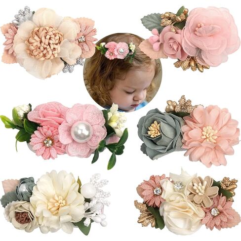 6 PCS Handmade Flower Hair Bows Fully Lined Alligator Hair Clips Faux Pearls Floral Hair Clips Barrettes Hair Accessories for Women Girls Toddlers Kids Children | Pink White Color Hair Clips Barrettes Hair Accessories for Women Girls Toddlers Kids Childre in Kuwait