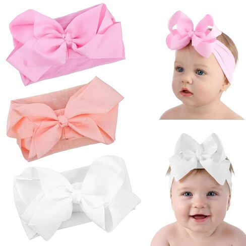Tucnoeu 3pcs Baby Girl Headbands with Bows - Soft Stretchy Newborn Bows for Girls, Infant Toddler Hair Accessories (White, Ivory, Pink) in Kuwait