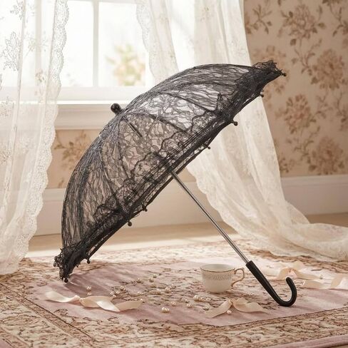 Fancyes Lace Pattern Parasol Vintage Umbrella Bridal Parasol Openwork Canopy Curved Hook Handle Lightweight Construction suitable for weddings photo shoots, Small Hook Handle Lace Umbrella in Kuwait