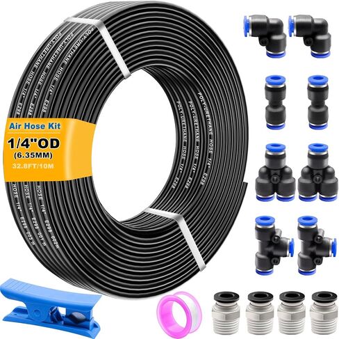 weideer Air Line Tubing Kit,1/4" Air Hose,1/4" (6.35MM) OD 32.8FT Polyurethane PU Air Hose Tube, air line with Push To Connect Fittings,14 Pcs Compressed Accessories Kit in Kuwait