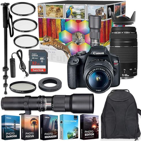 Canon EOS Rebel T7 DSLR Camera with 18-55mm & 75-300mm Lenses Kit + 500mm Preset Wildlife Lens - Deluxe Professional Photo & Video Creative Bundle (Renewed) in Kuwait
