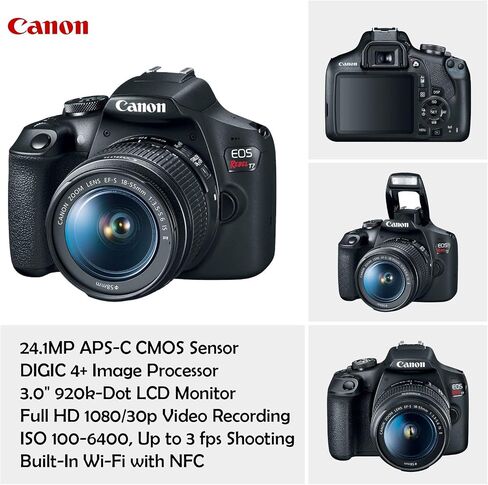 Canon EOS Rebel T7 DSLR Camera with 18-55mm & 75-300mm Lenses Kit + 500mm Preset Wildlife Lens - Deluxe Professional Photo & Video Creative Bundle (Renewed) in Kuwait