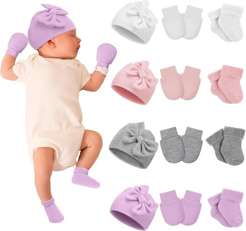 Toulite 4 Pack Preemie Baby Hats Mittens and Socks Set Premature Newborn Baby Girl Cotton Bow Knot Caps for Nicu Girl Boy in Kuwait