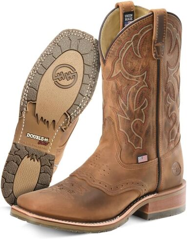 DOUBLE-H 11" Jase Square Toe Western Boots for Men - Texon Insole | Cork Inlay, Oil- and Slip-Resistant I.c.e. Outsole, EH-Rated, Shock-Absorbing Midnight Insert in Saudi Arabia