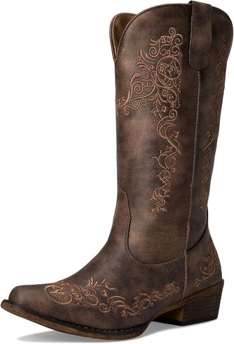 ROPER Womens Riley Scroll Embroidered Snip Toe Casual Boots Mid Calf Low Heel 1-2" - Brown - Size 7 M in Kuwait