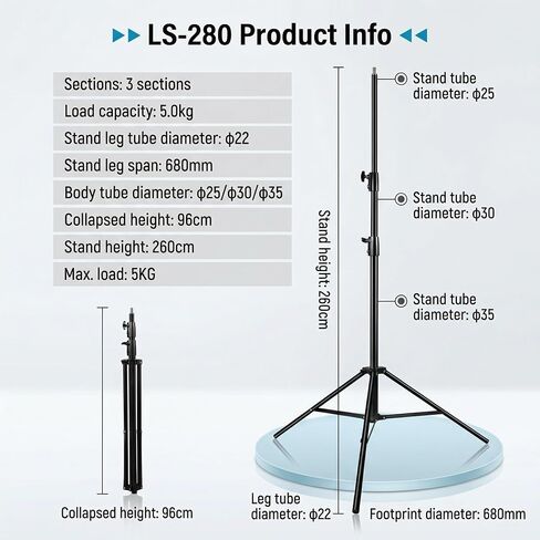 NiceFoto SL-280B Studio Light Stand Professional Grade 260cm Adjustable Tripod Aluminum Alloy Duty Light Stand Lighting Tripod for Photography Studio Video Monolight Softbox Shooting in Kuwait
