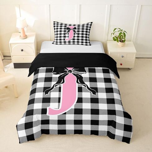 Feelyou Black Pink Bow Duvet Cover Toddler Size Personalized Letter J Bedding Set for Boys Girls Cute Plaid Checkered Comforter Cover Dreamy Geometric Bedroom Decor 2Pcs No Comforter With 1 Pillowcase in Kuwait