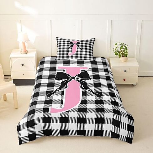 Feelyou Black Pink Bow Duvet Cover Toddler Size Personalized Letter J Bedding Set for Boys Girls Cute Plaid Checkered Comforter Cover Dreamy Geometric Bedroom Decor 2Pcs No Comforter With 1 Pillowcase in Kuwait