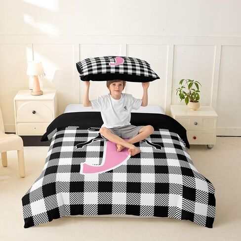 Feelyou Black Pink Bow Duvet Cover Toddler Size Personalized Letter J Bedding Set for Boys Girls Cute Plaid Checkered Comforter Cover Dreamy Geometric Bedroom Decor 2Pcs No Comforter With 1 Pillowcase in Kuwait