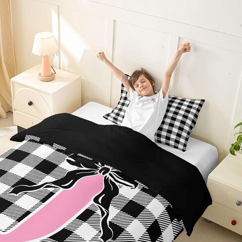 Feelyou Black Pink Bow Duvet Cover Toddler Size Personalized Letter J Bedding Set for Boys Girls Cute Plaid Checkered Comforter Cover Dreamy Geometric Bedroom Decor 2Pcs No Comforter With 1 Pillowcase in Kuwait