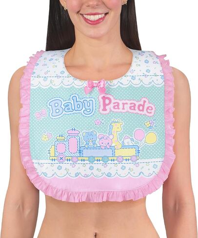 Littleforbig Silky Waterproof Printed Adult Bib with Adjustable Hook-and-Loop Fastener Closure - Parade Big Pink Ruffle Bib in Kuwait