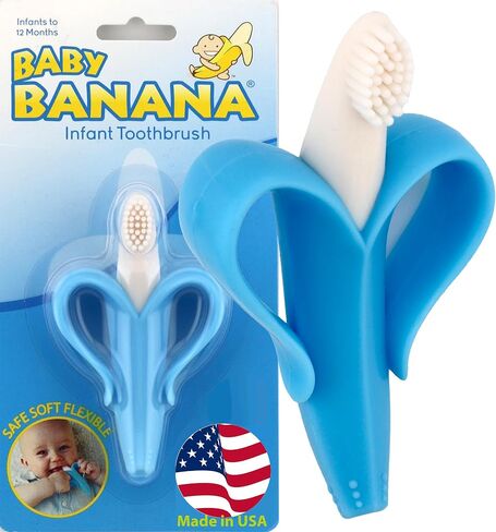 Baby Banana®Pink Teether-Toothbrush, Infant to Toddler, Made in USA, Butter-Soft Bristles for Gums and Teeth, Bendable Food Grade Silicone, Family-Owned Buisness Since 2009, 11 Million+ Sold in Kuwait
