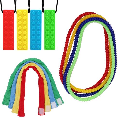 Sensory Chew Necklaces 12 Pack, Stretchy Chewy Necklace Sensory Toys for Kids with Autism, ADHD, Biting, Teething Needs, Silicone Blocks Chewing Toys for Boys Girls Adults Reduce Anxiety Fidget in Kuwait