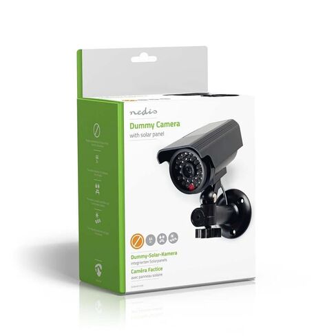 Nedis Dummy Outdoor Security Camera, Flashing LED, Solar Panel Rechargeable, Battery Powered, Wall Mount Included, Black – 155 x 80 x 145 mm in Kuwait