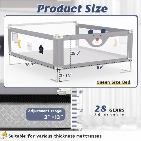 JWPEHOE 3-Piece Bed Rail for Toddlers with Headboard Rod, Adjustable Baby Bed Rail Guard (78.7 * 78.7 * 74.8 Inch-King Size) in Kuwait