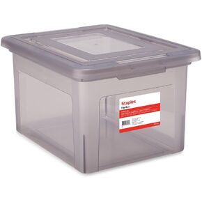STAPLES Plastic File Box with Snap Lid, Letter/Legal Size, Clear, 4/Carton | Stackable storage box keeps hanging files organized and protected. Pack of 4. in Kuwait