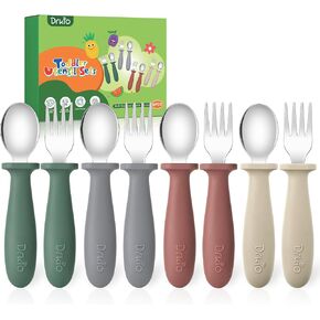 DRKIO 8 Pcs Toddler Utensils Set Kids Silverware with Forks and Spoons | Baby Utensils with Silicone Handle, Anti-Choke Design for Children's Safe Self-Feeding, Food Grade Dishwasher Safe, BPA-Free in Kuwait