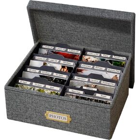 Linen Photo Storage Box, Large Organizer Box, Holds 1700 Picture, Grey | with 24 Adjustable Dividers, 144 Labels(72 Blank for DIY) Fabric Picture Box for Photos, Envelopes, Recipes in Kuwait