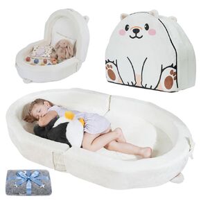 Portable Toddler Bed Folding Toddlers Floor Beds for Kids Foldable Soft Foam Travel Bed for Baby, Washable Cover Toddler Cot with Safety Rail for Travel, Home/Travel (Polar Bear) in Kuwait