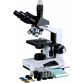 AmScope T490-DK Compound Trinocular Microscope, WF10x Eyepieces, 40X-1000X Magnification, Brightfield/Darkfield, Halogen Illumination, Abbe Condenser, Double-Layer Mechanical Stage, Sliding Head, High-Resolution Optics | 40X-1000X Magnification Range Comp in Kuwait