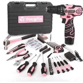 Pink Cordless Drill Driver Set 12V with Charger and 195PCS Tool Kit | 195-piece tool kit with 12V cordless drill, battery, charger, and essential tools for DIY, repairs, and home projects. in Kuwait
