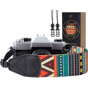 Padwa Lifestyle Pentagram Camera Strap - 2" Wide Genuine Leather Ends Camera Straps for Photographers, Vintage Five-Pointed Stars Print Nylon Weave Strap with Camera Quick Release fits All Cameras in Kuwait