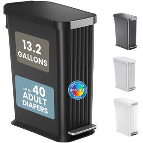 Patented 13 Gallon STEP Adult Diaper Pail, Fits Kitchen Bags, Odor Filter Trash Can, Large 40+ Diapers Capacity, No Refills Needed, Incontinence Underwear & Nursery Diapers, ADA Compliant, Matte White in Saudi Arabia