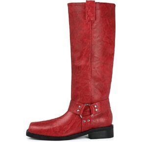 FIFSY Women's Knee High Boots Square toe Low Heel Buckle Boots Pull-on Motorcycle Biker Riding Boots Wide Calf Fashion Tall Boots in Saudi Arabia