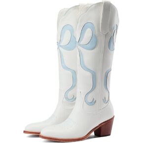 Women's White Cowgirl Boots with Bow Knee High Cowboy Boots Almond Round Toe Chunky Heel Embroidered Western Cowboy Boots for Women in Kuwait