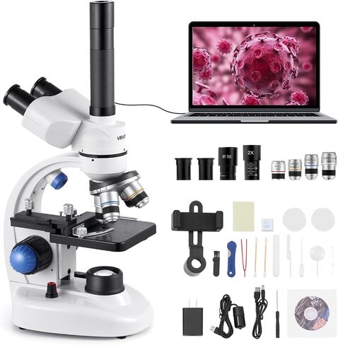 VEVOR Compound Trinocular Microscope, 40X-5000X Magnification Trinocular Compound Lab Microscope with Two-Layer Mechanical Stage, LED Illumination, External Interface and Microscope Slides Included in Kuwait