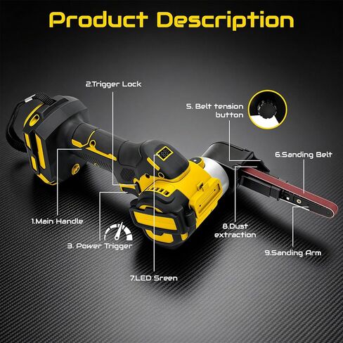 Cordless Belt Sander for Dewalt 20V Battery (No Battery) | 120° Rotatable Head, 0-13000 RPM Variable Speed, LED Display, Brushless Motor, Safety Lock, for Various Sanding in Kuwait