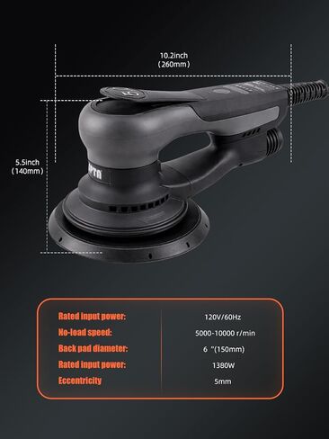 Electric 5mm Random Orbital Sander, SPTA 6Inch Brushless 350W 3A Palm Sander, Multi-function Variable Speed Electric Corded Orbital Sanders Machine with Sanding Pad, 10 Sanding Papers for Woodworking in Kuwait