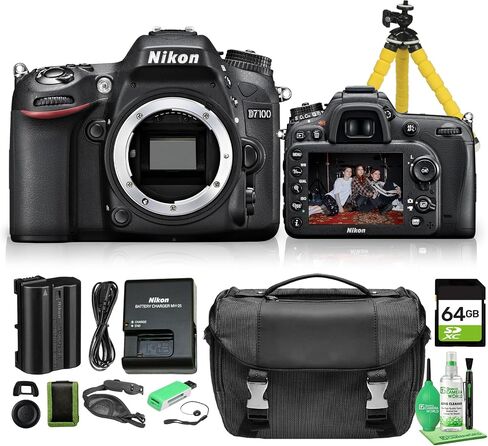 Nikon D7100 DX Format Digital SLR Camera Body Only 24.1MP CMOS Sensor, Nikon F Mount, 51 Point Autofocus, Full HD Video (1513) + 64GB Card + Camera Bag + Cleaning Kit + More (16pc Bundle) in Kuwait