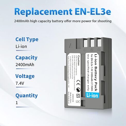 LP EN-EL3e, EL3, EL3a Battery, 2400 mAh Battery Compatible with Nikon D700, D300s, D300, D200, D100, D90, D80, D70S, D70, D50, MH-18, MH18a, MH-19, MB-D200, MB-D10 in Kuwait