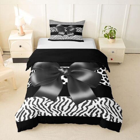 jejeloiu Black Grey Zebra Leopard Bowknot Print Duvet Cover Toddler Size Wild Animals Bedding Set Soft Geometric Striped Comforter Cover 2Pcs Bedroom Decor Microfiber Zipper Closure (NO Comforter) in Kuwait