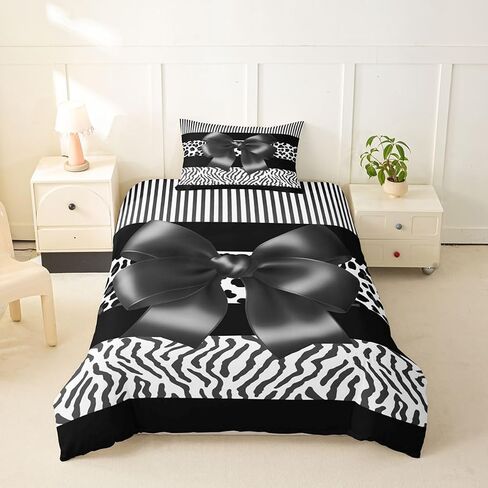 jejeloiu Black Grey Zebra Leopard Bowknot Print Duvet Cover Toddler Size Wild Animals Bedding Set Soft Geometric Striped Comforter Cover 2Pcs Bedroom Decor Microfiber Zipper Closure (NO Comforter) in Kuwait