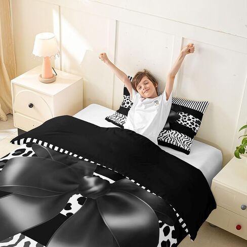 jejeloiu Black Grey Zebra Leopard Bowknot Print Duvet Cover Toddler Size Wild Animals Bedding Set Soft Geometric Striped Comforter Cover 2Pcs Bedroom Decor Microfiber Zipper Closure (NO Comforter) in Kuwait