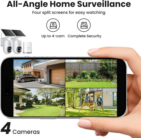 SOLIOM- 5MP Security Cameras Wireless Outdoor, No Subscription & Solar Powered,2-Cam Pack Home Security Camera with 360° Auto Human Motion Tracking, 3K Color Night Vision,5G & 2.4G Router Compatible in Kuwait