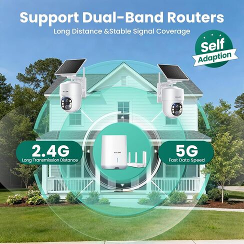 SOLIOM- 5MP Security Cameras Wireless Outdoor, No Subscription & Solar Powered,2-Cam Pack Home Security Camera with 360° Auto Human Motion Tracking, 3K Color Night Vision,5G & 2.4G Router Compatible in Kuwait